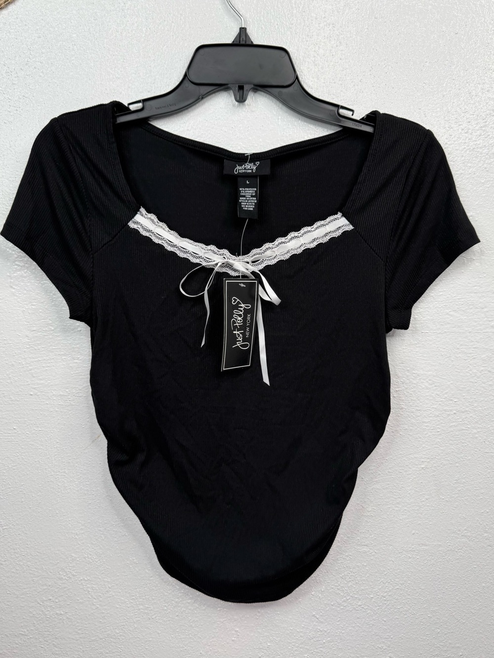 Just Polly New York Top Womens L Black Ribbed Lace Trim Bow Sweetheart